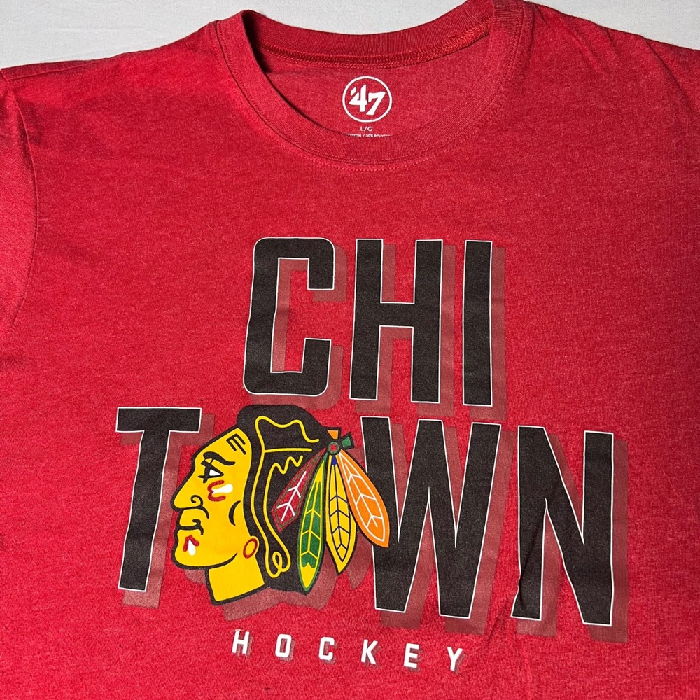 47 Brand Chicago Blackhawks Chi Town Hockey Red T-Shirt Mens Large NHL Graphic